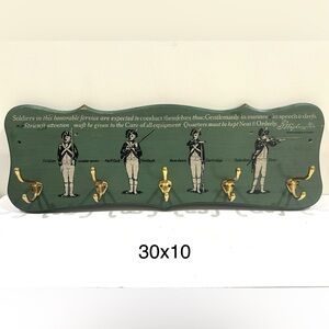 Vintage Revolutionary War Green Wall Wooden Coat Rack Soldiers Gold Hooks Rare
